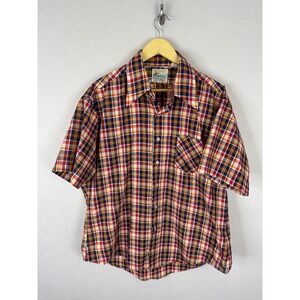 Vintage 70s Mohawk Mens XL Plaid Short Sleeve Button Down Shirt Red Blue Yellow